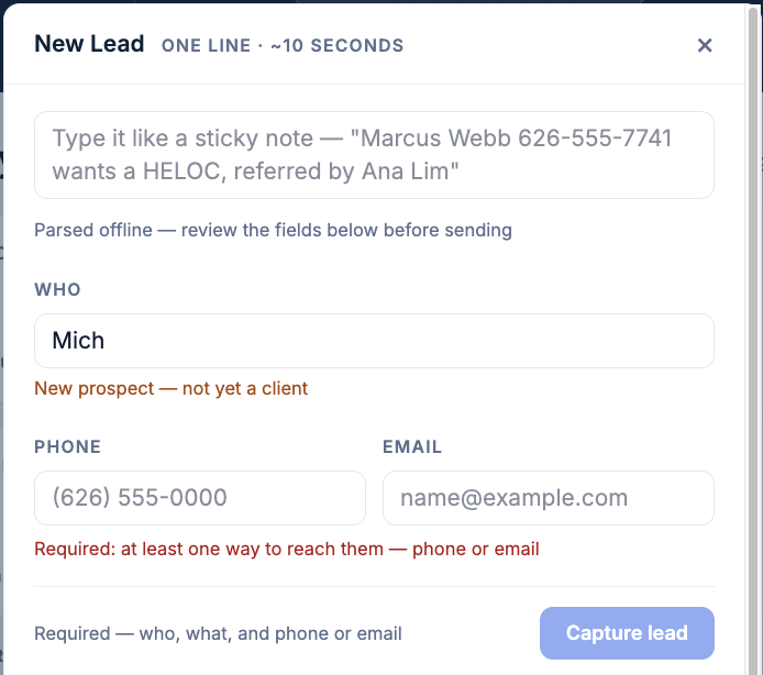 Banker CRM New Lead: a one-line note parsed into name and phone, ready to capture