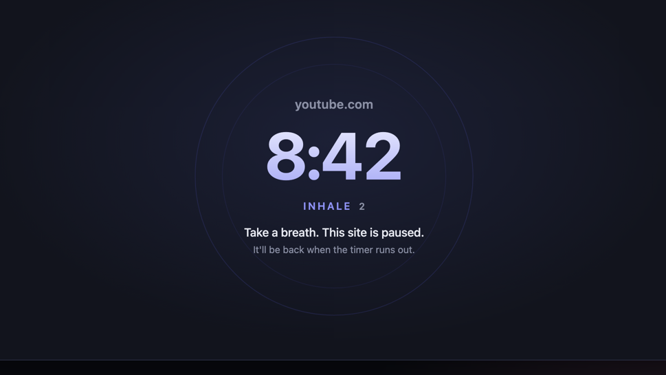 Block Site: the blocked-site page showing youtube.com paused with an 8:42 countdown and a breathing ring